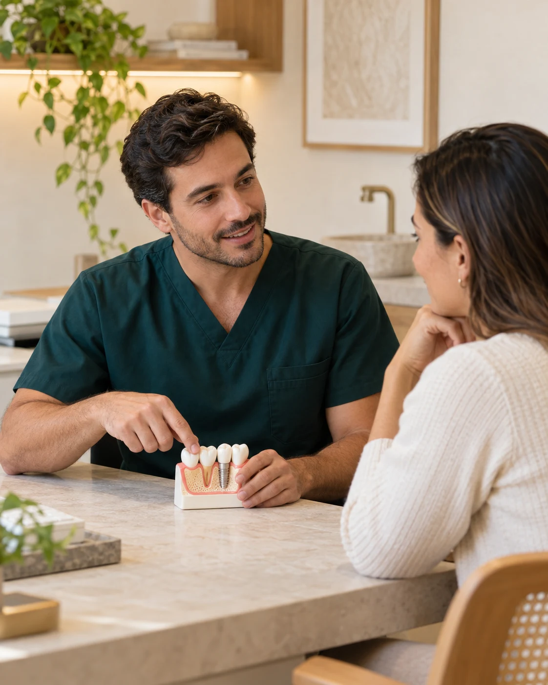 Cena ilustrativa criada por IA: profissional e paciente durante consulta dental